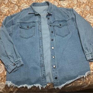 Denim Button-Up Jacket with Frayed Hem